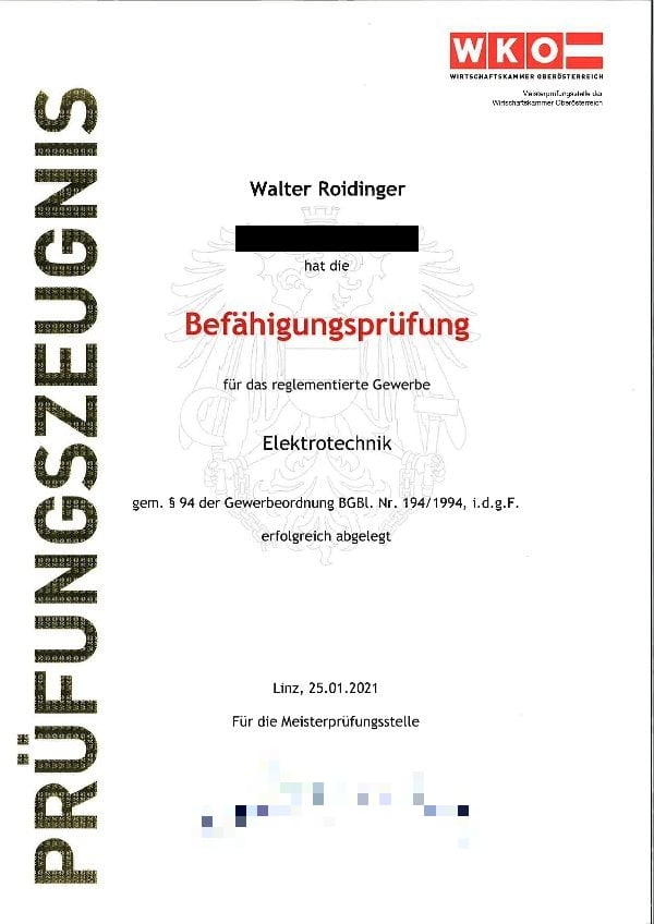 Prüfungszeugnis der Befähigungsprüfung für das reglementierte Gewerbe Elektrotechnik, WKO Oberösterreich 2021